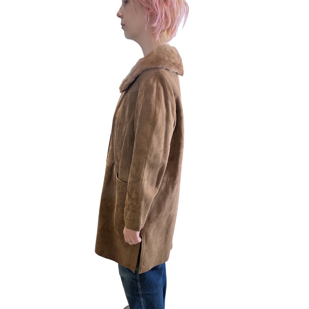 1960s Vintage Suede Coat With Mink Fur Collar Moonglow Buttons Satin Lining M - Picture 7 of 13